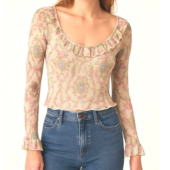 Romantic Cottagecore Sheer Mesh Ruffle Long Sleeve Top Floral Print Y2K Small - Picture 1 of 9